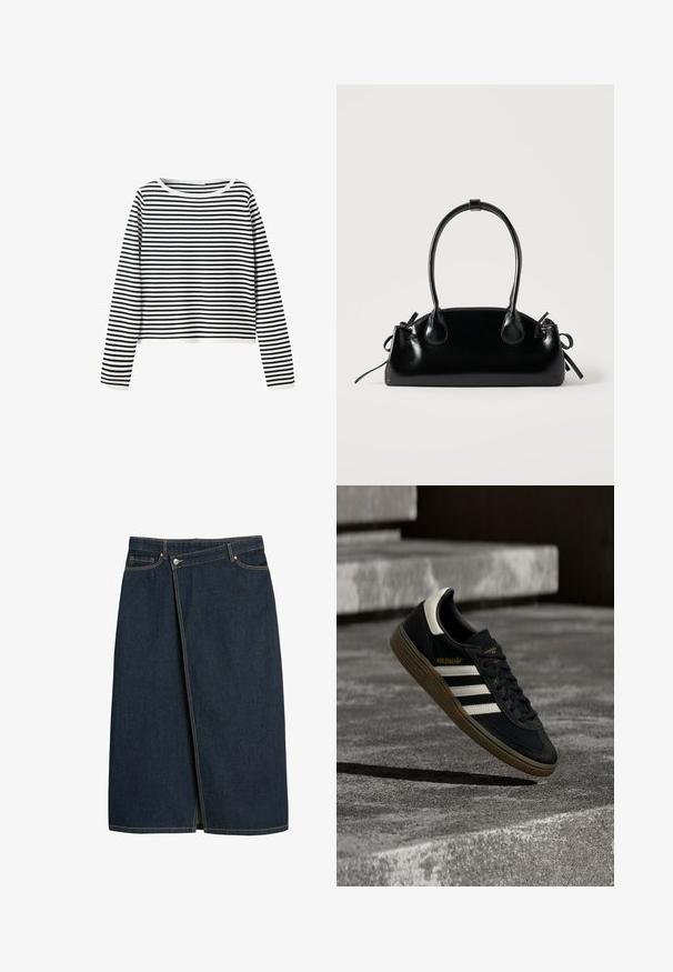 Langærmet skjorte med sorte og hvide vandrette striber og rund halsudskæring på en ensartet hvid baggrund.; Denim nederdel i mørk navyblå, midi-længde, med et omslagdesign, synlige sømme i en kontrastfarve og en slids foran.; Sort Adidas-sneaker med hvide striber og gummisåler, svævende over grå betontrapper i naturligt lys.; Lille sort blank håndtaske med to lange håndtag og snøre-detaljer i siden på en ensfarvet lys baggrund.