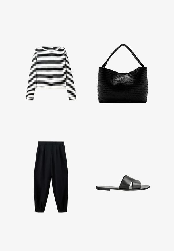 Chemise à manches longues avec des rayures horizontales noires et blanches et un col rond sur un fond blanc uni.; Pantalon noir taille haute effilé avec des plis à la taille et aux poignets, et des poches latérales, présenté sur fond blanc.; Sandales en cuir noir avec une large bride à motif découpé, semelle plate et texture lisse, adaptées pour un usage décontracté.; Sac à main tissé noir avec une anse unique tressée, forme rectangulaire et surface texturée brillante.