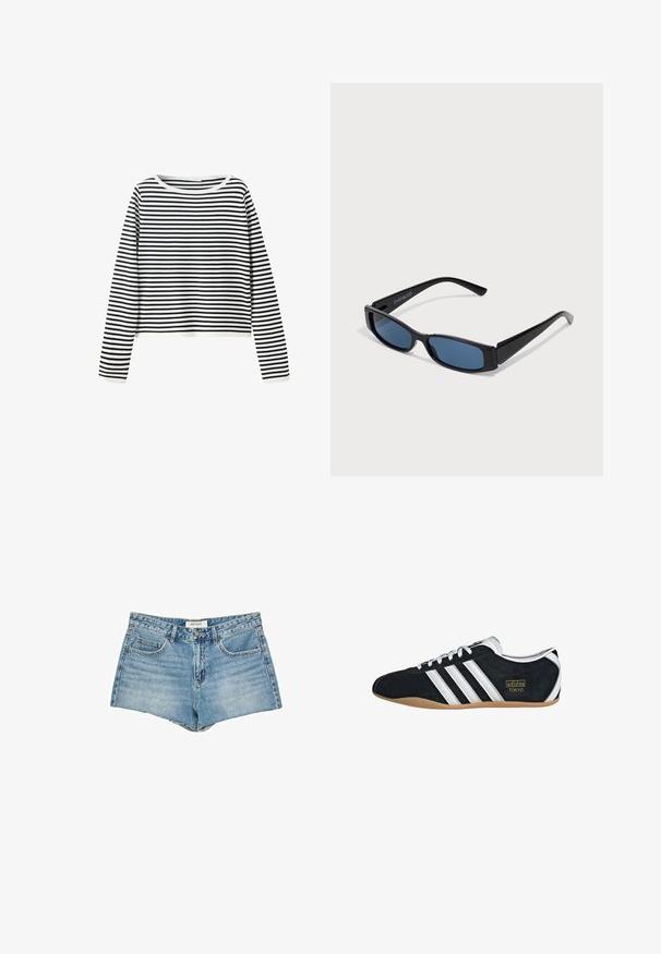 Langærmet skjorte med sorte og hvide vandrette striber og rund halsudskæring på en ensartet hvid baggrund.; Jeanshorts, lys blå, høj talje, fem-lomme design, flosset kant, standard knaplukning, logoetiket på taljebåndet.; Sort ruskinds sneaker med hvide tre striber, guldlogo og en brun gummisål. Har et lavprofil snørebåndsdesign.; Sorte solbriller med en slank rektangulær ramme og blå linser. Har en glat overflade og robuste stænger. Mærkets logo på siden.