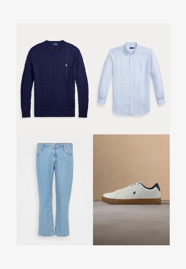 Marineblå kabelstrikket sweater med lange ærmer, ribstrikkede manchetter og kant, rund hals og lille hvid broderet Polo Ralph Lauren-logo på brystet.; Lyseblå skjorte med lange ærmer, knapper foran, hvide lodrette striber og et lille pink logo på venstre bryst.; Lyseblå denim jeans med lige ben-design, der har en fem-lomme stil og en knaplukning i taljen.; Hvid sneaker med brun sål og sort indvendig foring, svævende over en beige textured tæppe i en moderne stueindretning.