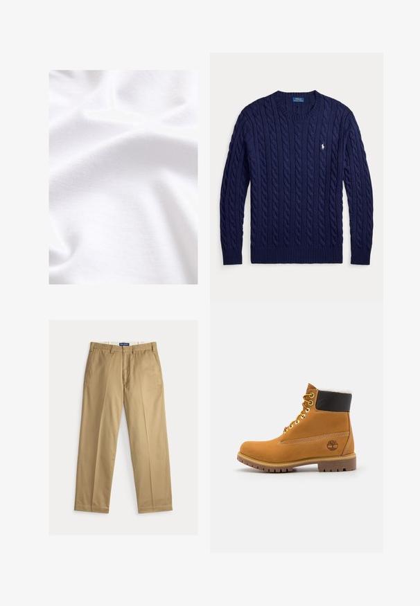 Jersey azul marino de punto de cable con mangas largas, puños y bajo acanalados, cuello redondo y pequeño logotipo bordado en blanco de Polo Ralph Lauren en el pecho.; Tela de algodón blanca con una textura suave, que presenta pliegues y arrugas sutiles, destacando su naturaleza suave y ligera.; Pantalones chinos beige fabricados con algodón. Diseño de pierna recta con parte frontal plana, dos bolsillos laterales y cinturilla con cierre de botón.; Botín de cuero marrón con ojales de metal, forro de piel sintética blanca, cuello acolchado negro, suela resistente y logotipo en relieve en el costado.