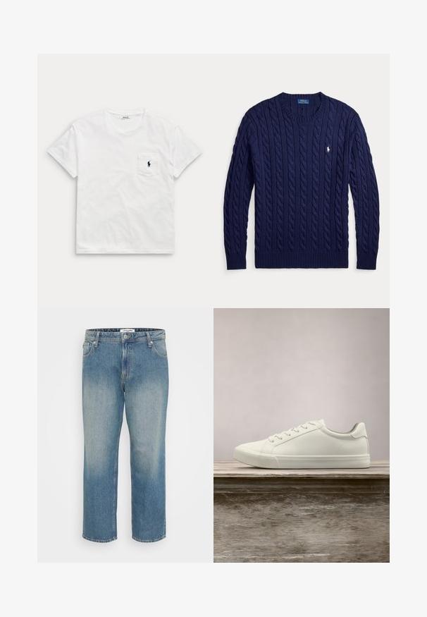 Marineblauer Kabelstrickpullover mit langen Ärmeln, gerippten Bündchen und Saum, Rundhalsausschnitt und kleinem weiß besticktem Polo Ralph Lauren Logo auf der Brust.; Weißes T-Shirt mit kurzen Ärmeln und Rundhalsausschnitt mit einer Brusttasche, die ein kleines dunkles Polospieler-Logo zeigt.; Geradlinige blaue Jeans aus Denim mit verblasster Vorderseite, Fünf-Taschen-Design, Knopf- und Reißverschluss sowie Gürtelschlaufen.; Weiße Schnürsneaker, die über einer Holzbank mit grünem Laub im Hintergrund schweben und das Schuhdesign sowie die Textur zeigen.