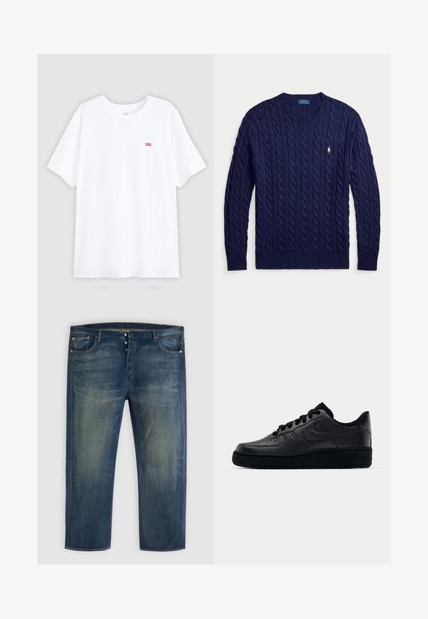 Marineblå kabelstrikket sweater med lange ærmer, ribstrikkede manchetter og kant, rund hals og lille hvid broderet Polo Ralph Lauren-logo på brystet.; Hvid bomulds t-shirt med korte ærmer og rund halsudskæring. Har et lille rødt Levi's logo på venstre bryst. Flad design, uden mønstre.; Blå denimjeans med knaplukning, klassisk fem-lomme design og falmede detaljer på lår og knæ.; Sort Nike Air Force 1 sneaker med en glat læderoverdel, perforeret tå for åndbarhed, sorte snørebånd og en textured gummisål.