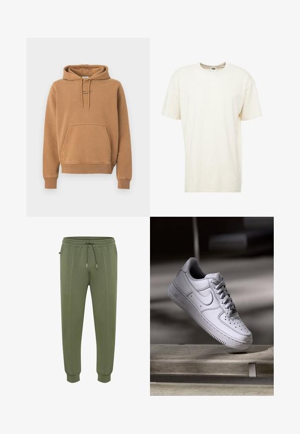 Brun hoodie med en frontlomme, snørelukning i hætten og logo tekst på brystet. Lavet af blødt stof med en let struktureret overflade.; T-shirt med korte ærmer og rund hals i lys cremefarve. Fremstillet af blødt bommateriale med en afslappet pasform og minimale sømme.; Joggingbukser i olivengrøn lavet af blødt stof, med snøre i taljen, sidelommer og ribbestrikkede manchetter for en tæt pasform.; Hvid læder Nike Air Force 1 sneaker med perforeret tå, flade snørebånd og tekstureret gummisål med "AIR" branding på siden.