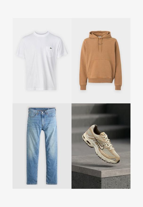 Brauner Hoodie mit einer Fronttasche, Kapuze mit Kordelzug und Logotext auf der Brust. Hergestellt aus weichem Stoff mit einer leicht strukturierten Oberfläche.; Weißes Baumwoll-T-Shirt mit Rundhalsausschnitt und kurzen Ärmeln. Verfügt über eine linke Brusttasche und ein kleines grünes Lacoste-Logo.; Hellblaue Jeans aus Denim mit geradem Bein, orangefarbenen Nähten, fünf Taschen und Knopfverschluss.; Beiger und weißer Nike Laufschuh mit Mesh-Paneelen und schwarzem Swoosh, schwebt über einem Betonsims mit unscharfen Treppen im Hintergrund.