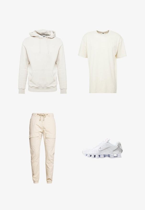 Crème kleurige hoodie gemaakt van zachte stof, met een grote buidelzak aan de voorkant, een capuchon met trekkoord, geribde manchetten en zoom. Eenvoudig ontwerp, geen patronen.; Korte mouwen, ronde hals t-shirt in lichtcrème kleur. Gemaakt van zacht katoen met een relaxte pasvorm en minimale naden.; Beige cargo shorts van lichtgewicht stof hebben een elastische koord taille, twee grote zijzakken en taps toelopende boorden bij de enkels.; Witte sportschoenen met een gestructureerd bovenwerk, een zilveren swoosh-logo, meshpanelen en een opvallende gesegmenteerde witte zool.