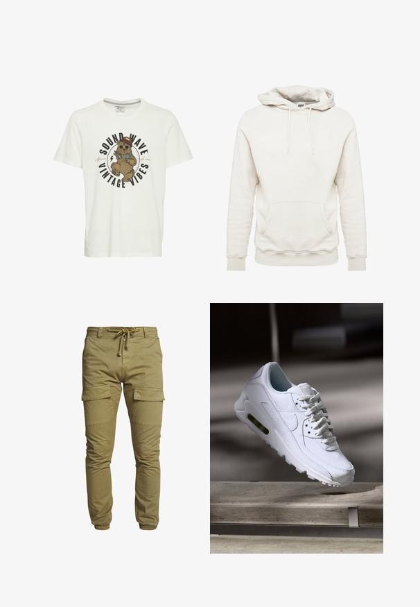 Crème kleurige hoodie gemaakt van zachte stof, met een grote buidelzak aan de voorkant, een capuchon met trekkoord, geribde manchetten en zoom. Eenvoudig ontwerp, geen patronen.; Witte katoen T-shirt met een grafiek van een beer in een zonnebril en een hoed, met de tekst "SOUND WAVE VINTAGE VIBES" in vette letters.; Khaki cargobroek met elastische boorden, een verstelbare tailleband en twee grote zijzakken. Gemaakt van katoenmix, met een gladde textuur.; Witte leren sneaker met gestructureerde oppervlakken, gevoerde kraag en zichtbare luchtbescherming in de zool. Heeft veters en een minimalistisch ontwerp.