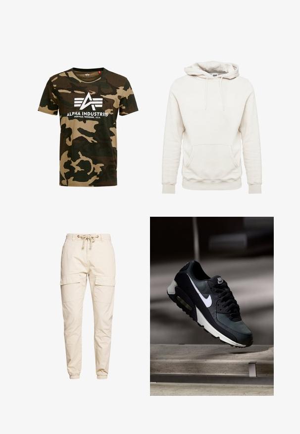 Cremefarbener Kapuzenpullover aus weichem Stoff, mit einer großen Fronttasche, Kordelzugkapuze, gerippten Bündchen und Saum. Einfaches Design, ohne Muster.; Tarn-T-Shirt in Dunkelgrün und Beige mit Rundhalsausschnitt; bietet ein zentrales weißes Logo mit stilisierten Buchstaben und Text am unteren Rand.; Beige Cargo-Hosen aus leichtem Stoff mit elastischem Kordelzugbund, zwei großen Seitentaschen und schmal zulaufenden Säumen an den Knöcheln.; Schwarzer und grauer Nike Air Max Sneaker mit weißem Swoosh, schwebend über einer Betonfläche vor einem verschwommenen dunklen Hintergrund.