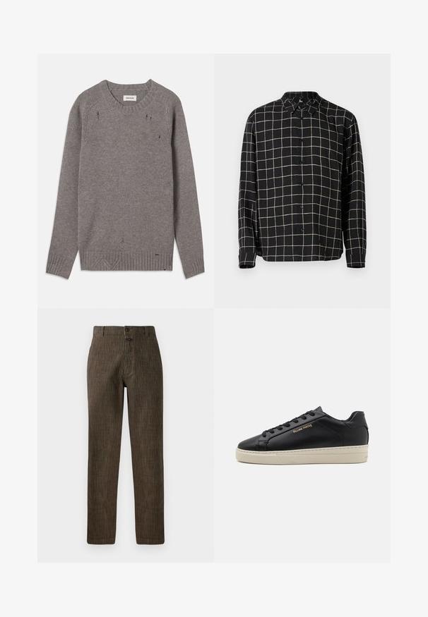 Pull en tricot gris avec un col rond, des poignets et un ourlet côtelés, présentant de subtils détails usés le long des épaules et du bas.; Chemise noire à manches longues avec un motif à carreaux en beige. Présente une fermeture à boutons sur le devant et un col classique. Texture douce, design minimaliste.; Pantalons en velours côtelé marron avec des rayures verticales, une coupe droite et une fermeture à bouton à l'avant. Texture lisse avec un design classique.; Sneaker en cuir noir avec une finition lisse, semelle crème contrastante, bout arrondi, logo doré sur le côté et six œillets pour les lacets.