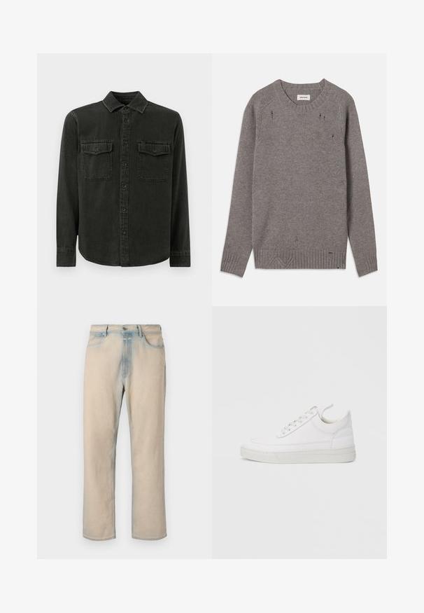 Grå strikket sweater med rund halsudskæring, ribbede manchetter og kant, præget af subtile slidte detaljer langs skuldrene og bunden.; Mørkegrøn skjorte med knapper lavet af blødt stof, med krave, to brystlommer, lange ærmer og lige kant.; Lyse beige denim jeans med lige ben design, falmede blå detaljer, fem lommer og en knaplukning i taljen.; Hvid lædersneaker med rundet tå, flad sål og snørebånd foran. Har syningsdetaljer og polstret krave for komfort.
