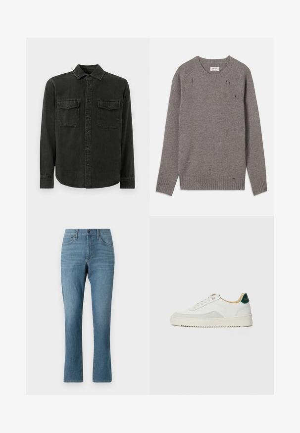 Grå strikket sweater med rund halsudskæring, ribbede manchetter og kant, præget af subtile slidte detaljer langs skuldrene og bunden.; Mørkegrøn skjorte med knapper lavet af blødt stof, med krave, to brystlommer, lange ærmer og lige kant.; Lyst blå denim jeans med lige ben, der har for- og baglommer, en lynlås foran og en diskret falmning i stoffet.; Hvide sneakers med ruskindsdetaljer, rund tå, flade snørebånd og en cremet gummisål. Har grøn branding på hælen.