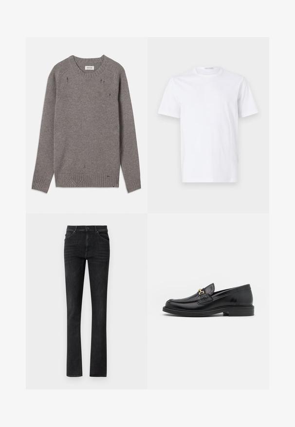 Grå strikket sweater med rund halsudskæring, ribbede manchetter og kant, præget af subtile slidte detaljer langs skuldrene og bunden.; Hvid bomulds t-shirt med rund halsudskæring og korte ærmer. Glat tekstur, lige snit og minimalistisk design uden mønstre eller accenter.; Sorte denim jeans med lige ben, der har frontlommer og en knaplukning. Glat tekstur med subtil fading.; Sorte læder loafers med en rund tå, der har guld hardware accent og syningsdetaljer, placeret på en lav, tekstureret gummisål.