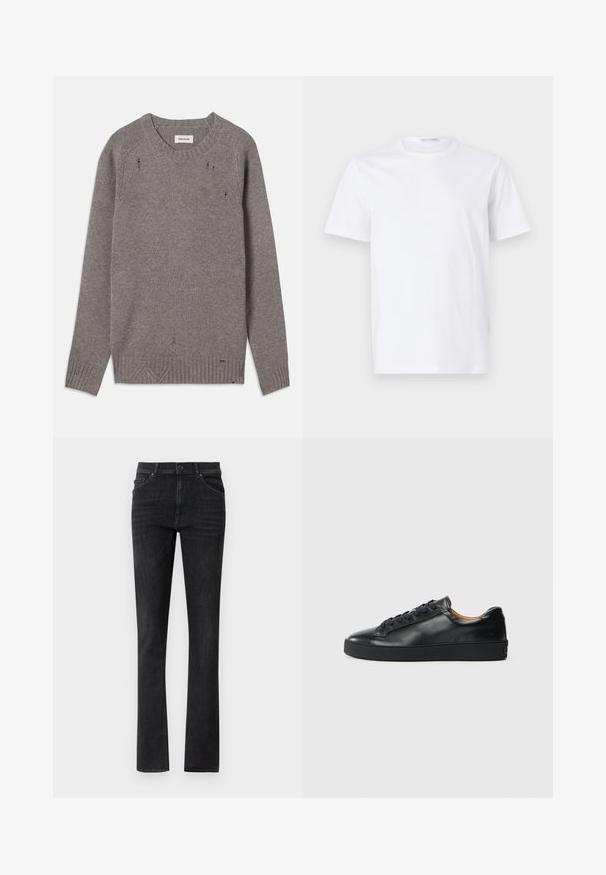 Grå strikket sweater med rund halsudskæring, ribbede manchetter og kant, præget af subtile slidte detaljer langs skuldrene og bunden.; Hvid bomulds t-shirt med rund halsudskæring og korte ærmer. Glat tekstur, lige snit og minimalistisk design uden mønstre eller accenter.; Sorte denim jeans med lige ben, der har frontlommer og en knaplukning. Glat tekstur med subtil fading.; Sorte lædersneakers med en glat overflade, rund tå og snørebåndslukning. Har en tyk gummisål og minimal branddetalje.
