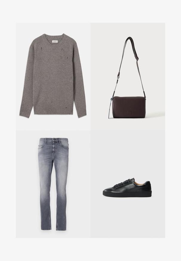 Grå strikket sweater med rund halsudskæring, ribbede manchetter og kant, præget af subtile slidte detaljer langs skuldrene og bunden.; Grå denimjeans med en falmet vask, straight-leg design, fem lommer, bæltestropper og en metalknaplukning i taljen.; Sorte lædersneakers med en glat overflade, rund tå og snørebåndslukning. Har en tyk gummisål og minimal branddetalje.; Mørkebrun textured læder crossbody taske med justerbar rem og lille dekorativ blå accent på siden.