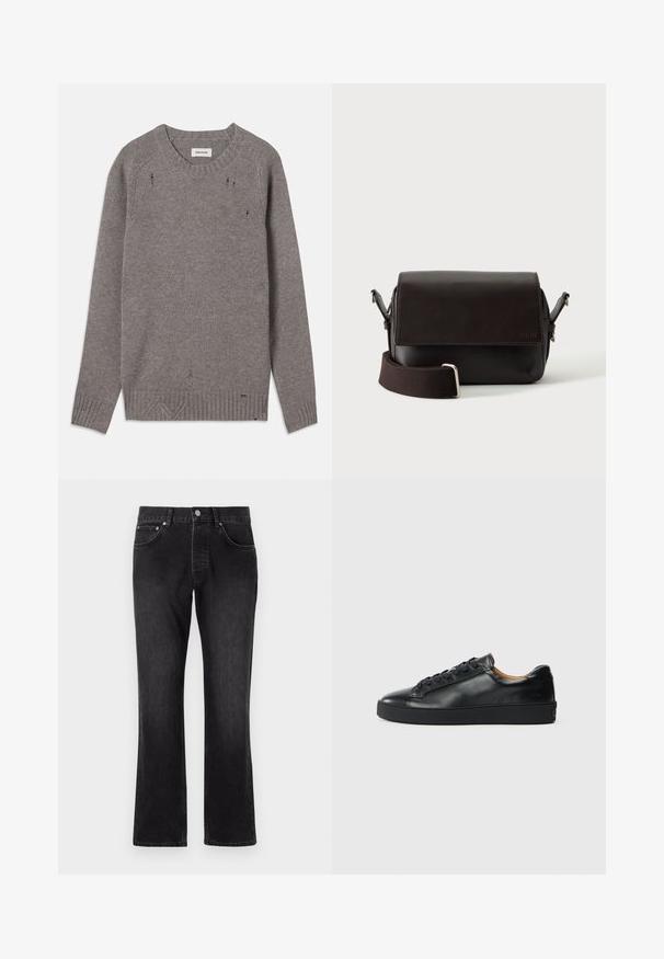 Pull en tricot gris avec un col rond, des poignets et un ourlet côtelés, présentant de subtils détails usés le long des épaules et du bas.; Jean en denim noir avec une coupe droite, présentant une taille mi-haute, des poches avant et une fermeture à boutons classique.; Baskets en cuir noir avec une texture lisse, bout rond et fermeture à lacets. Comprend une semelle en caoutchouc épaisse et un minimum de détails de marque.; Sac bandoulière en cuir marron foncé avec fermeture à rabat et sangle en tissu réglable sur fond blanc.