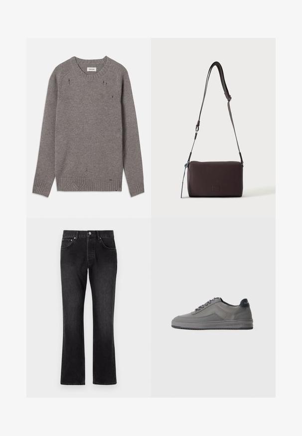 Grå strikket sweater med rund halsudskæring, ribbede manchetter og kant, præget af subtile slidte detaljer langs skuldrene og bunden.; Sorte denim jeans med et lige ben-design, der har en mellemhøj talje, forlommer og en klassisk knaplukning.; Grå sneakers med tekstureret stof, glatte detaljer, rund tå og gummisål. Har kontrasterende mørk hælflap og snørebånd. Minimalistisk design.; Mørkebrun textured læder crossbody taske med justerbar rem og lille dekorativ blå accent på siden.