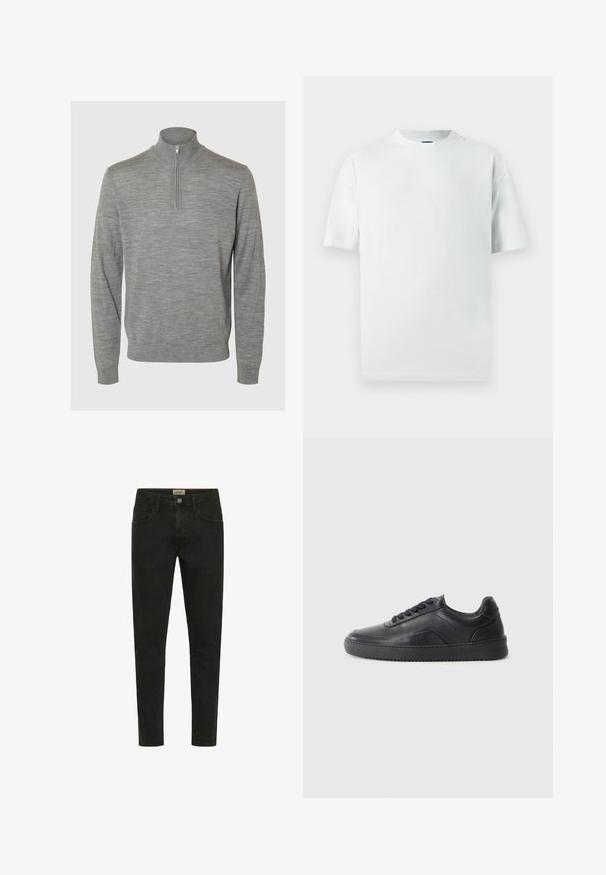 Grå pullover sweater med en lynlås ved kraven, lavet af et glat, struktureret stof. Har lange ærmer og en tætsiddende design.; Lysegrøn bomuldst-shirt med en afslappet pasform, korte ærmer og en ribstrikket rund halsudskæring. Ingen mønstre eller yderligere detaljer.; Sorte slim-fit jeans lavet af denim, med knaplukning, fem lommer og et rent, minimalistisk design.; Sorte lædersneakers med en glat finish, rund tå, struktureret sidelæder og sorte snørebånd. Har en flad gummisål og et minimalistisk design.