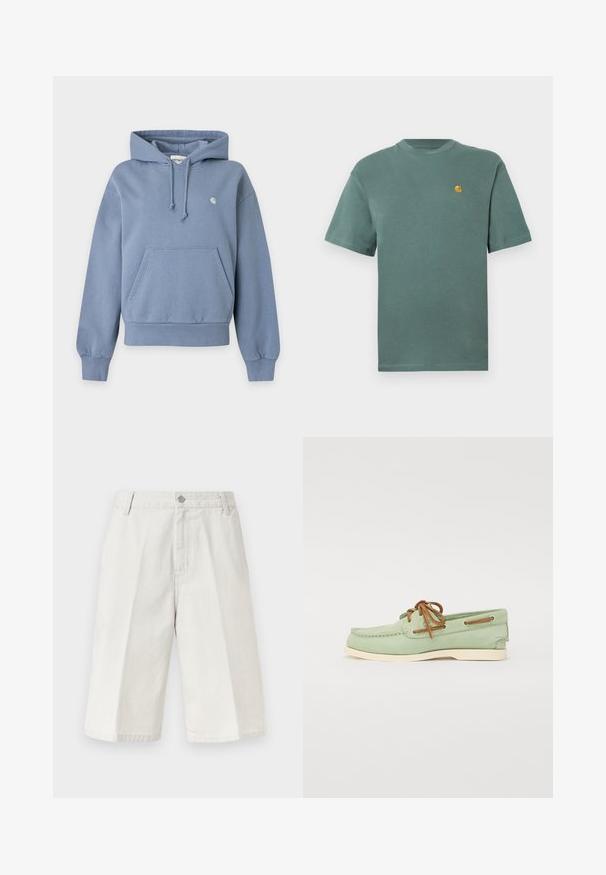 Sweat à capuche bleu à enfiler avec poche avant, cordon de serrage à la capuche, poignets et bas côtelés, et petit logo blanc sur le côté gauche de la poitrine.; T-shirt en coton vert avec un col rond et des manches courtes, arborant un petit logo jaune sur la poitrine gauche. Texture douce, design décontracté.; Shorts beige clair jusqu'au genou avec fines rayures verticales subtiles, passants pour ceinture, bouton devant et fermeture éclair.; Bateau en cuir vert avec semelle en caoutchouc beige, design à lacets et couture décorative. Présente des accents en cuir sur les œillets.