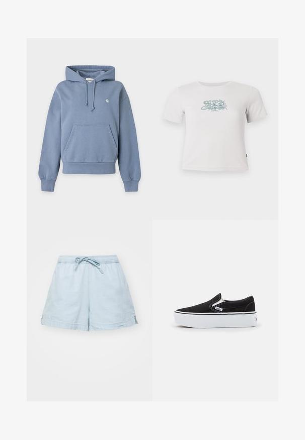 Blauwe pullover hoodie met voorvak, trekkoord capuchon, geribbelde boorden en zoom, en een klein wit logo op de linkerborst.; Korte witte geribbelde T-shirt met korte mouwen en een kleine groene bloemenafbeelding in het midden van de borst.; Lichtblauwe, lichte shorts met een elastische tailleband en trekkoord. Voorzien van zijzakken en een relaxte pasvorm, gemaakt van zachte stof.; Zwarte canvas instapschoen met een witte rubberen zool, voorzien van elastische zijkanten en contrasterende stiksels. Merkenlogo zichtbaar aan de zijkant.