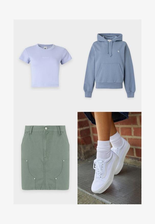 Sweat à capuche bleu à enfiler avec poche avant, cordon de serrage à la capuche, poignets et bas côtelés, et petit logo blanc sur le côté gauche de la poitrine.; T-shirt court en coton ribcé de couleur violet clair avec des manches courtes et un col rond. Présente un logo brodé subtil sur le devant.; Jupe en coton vert avec un design ajusté, dotée de poches avant, d'une texture lisse et de détails en métal sur les poches.; Baskets en toile blanches avec semelles en caoutchouc, dotées de six œillets, d'un bout rond et de détails de couture légers, portées avec des chaussettes blanches mi-mollet.