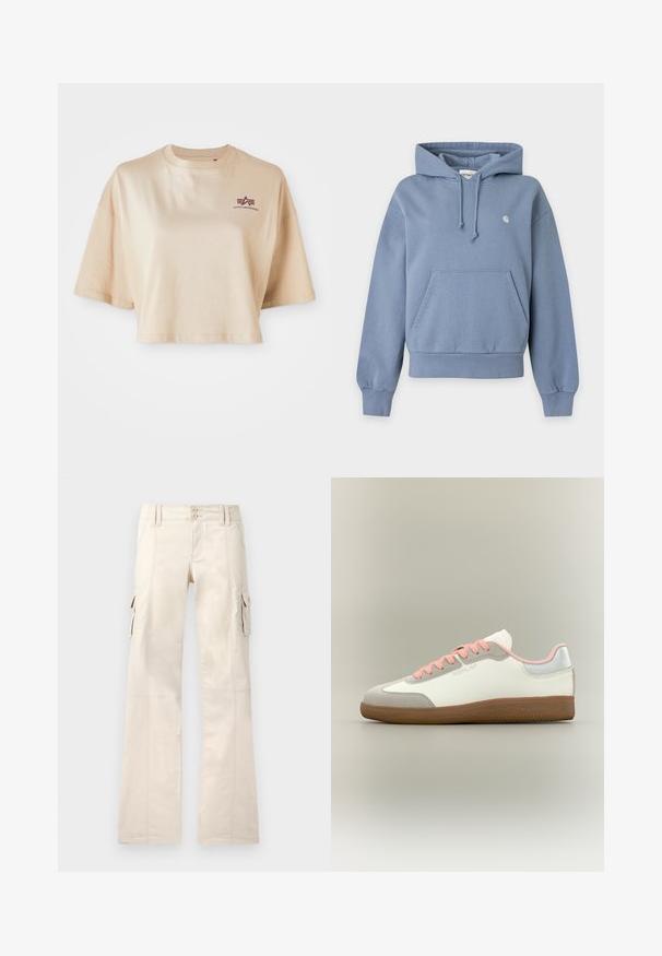Sinine pullover-tüüpi kapuutsiga dressipluus esitasku, nööriga kapuuts, soonikkoesääred ja ääris ning väike valge logo vasakul rinnal.; Khaki värvi lühikeste varrukatega puuvillane lühike t-särk, ümara kaelusega ja tumepunase logo graafikaga vasakul rinnal.; Beežid laia säärega veokapüksid, ees nööbitav sulgur, vööaasad ja mõlemal küljel taskute klapid.; Madalprofiilne tennise jalanõu valgete ja hallide paneelidega, roosade nööride, roosa voodri, hõbedase kanddetaili ja pruuni kummitaldaga.