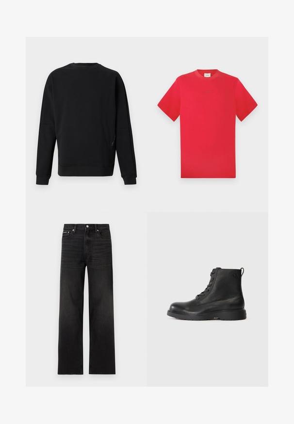 Schlichtes schwarzes Sweatshirt mit Rundhalsausschnitt und langen Ärmeln, mit gerippten Bündchen und Saum, dargestellt auf hellgrauem Hintergrund.; Rotes Rundhals-T-Shirt aus Baumwolle. Kurze Ärmel, einfarbig mit subtiler Markenkennzeichnung in der Mitte. Weicher Stoff und klassischer Schnitt.; Schwarze Jeans mit geraden Beinen, fünf Taschen, Gürtelschlaufen und Knopfverschluss, auf weißem Hintergrund dargestellt.; Schwarze Knöchelstiefel aus strukturiertem Leder mit runder Spitze, Schnürdesign und einer robusten schwarzen Gummisohle. Verfügt über eine Schlaufe an der Ferse.