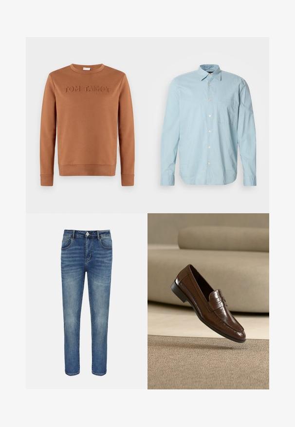 Bruine trui met lange mouwen en ronde hals met geperste tekst "TOM TAILOR 1962" over de borst, afgebeeld op een effen achtergrond.; Lichtblauwe geruite overhemd met lange mouwen, met een button-down kraag, borstzak en witte knopen. Gemaakt van een gladde stof.; Blauwe straight-leg spijkerbroek met knoop- en ritssluiting aan de voorkant, riemlussen en voor- en achterzakken.; Bruine leren loafer met een gestructureerd patroon, zwevend boven een beige tapijt met een bijpassende beige bank op de achtergrond.