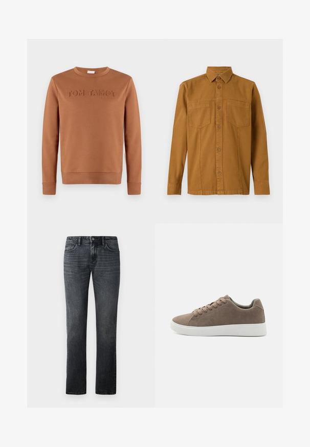 Braunes Sweatshirt mit langen Ärmeln und Rundhalsausschnitt mit geprägt "TOM TAILOR 1962" Schriftzug auf der Brust, dargestellt vor einfachem Hintergrund.; TOM TAILOR Hemd - deep cognac; Dunkelgraue Straight-Leg-Jeans aus Denim, mit einem klassischen Fünf-Taschen-Design und einem Knopfverschluss an der Taille.; Braune Wildledersneaker mit flachen weißen Gummisohlen, Schnürdesign, abgerundete Zehen und einer glatten Textur. Minimalistischer Stil mit dezenten Nähdetails.
