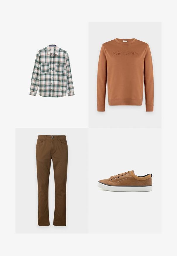 Brun langærmet crewneck-sweatshirt med præget tekst "TOM TAILOR 1962" på brystet, vist på en ensfarvet baggrund.; Langærmet skjorte med knapper i grøn, hvid og rød plaidmønster, to knaplukket brystlommer foran og klassisk krave.; Brune lige bukser med forknytte og lynlås, for- og baglommer samt bæltestropper.; Brune lædersneakers med rund tå, hvid sål og marineblå accenter. Har metaløjer og en tekstureret krave.
