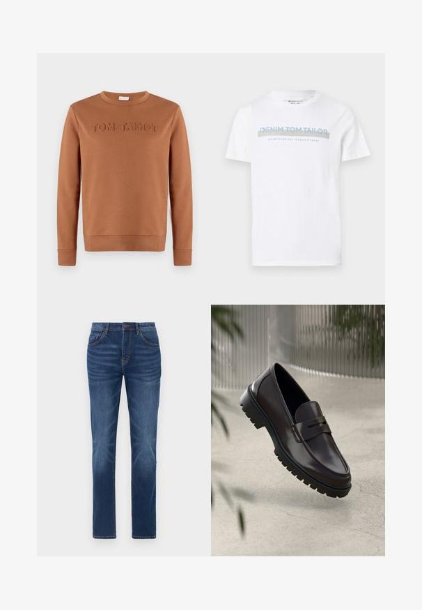 Braunes Sweatshirt mit langen Ärmeln und Rundhalsausschnitt mit geprägt "TOM TAILOR 1962" Schriftzug auf der Brust, dargestellt vor einfachem Hintergrund.; Weißes Baumwoll-T-Shirt mit Rundhalsausschnitt, kurzen Ärmeln und einem blauen Grafiktext-Design, das "DENIM TOM TAILOR gegründet 2007" lautet.; Dunkelblaue Denim-Jeans mit klassischem gerade geschnittenem Schnitt, Fünf-Taschen-Design und leichtem Verblassen an den Beinen. Mit Knopf- und Reißverschluss.; Braune Leder-Loafers mit einer strukturierten, geriffelten Gummisohle. Sie zeichnen sich durch ein schlankes Design und einen dekorativen Riemen über dem Spann aus.