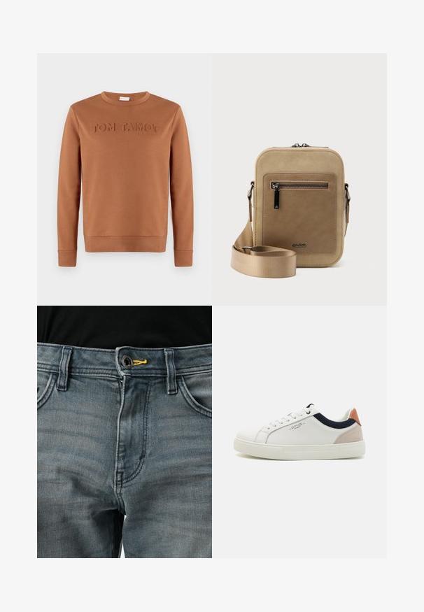 Sweat-shirt marron à manches longues et col rond avec le texte en relief "TOM TAILOR 1962" sur la poitrine, présenté sur un fond uni.; Jean en denim bleu délavé avec une fermeture à bouton, accent jaune à la taille et design classique à cinq poches. La texture semble douce et usée.; Baskets en cuir blanc avec un design bas, accent en tissu bleu marine sur le col et onglet de talon en daim rose pâle. Semelle en caoutchouc.; Petit sac bandoulière beige avec poche avant zippée, logo métallique ALDO, sangle large ajustable et forme rectangulaire arrondie sur fond blanc.