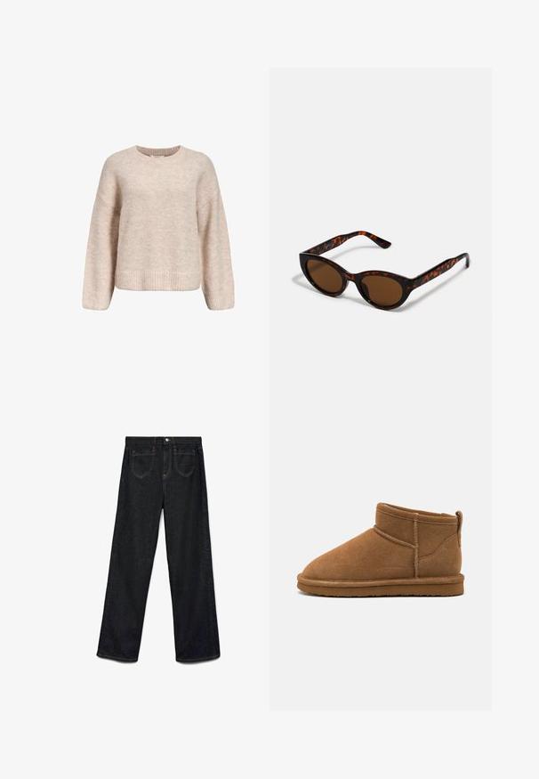 Pull en maille rose clair avec un col rond, des épaules tombantes et un ourlet côtelé. Texture douce avec une coupe décontractée et des manches longues.; Jean en denim noir à jambes larges avec une coupe décontractée, dotés de deux poches avant, de détails en rivets et de coutures orange contrastantes.; Bottines en daim marron avec un bout rond, tige courte et tirette au dos. Présente des coutures contrastées et une semelle en caoutchouc plate.; Lunettes de soleil en écaille de tortue marron avec une forme vintage de lunettes cat-eye et des verres marron. Présente des branches courbées avec des accents rouges.