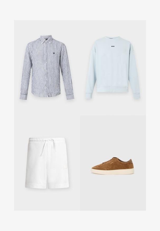 Sweat-shirt bleu clair en tissu doux, avec un col rond, des manches longues, et un logo noir "BOSS" centré sur la poitrine.; Chemise homme à manches longues avec rayures verticales bleu marine et blanches, col boutonné et petit logo brodé sur la poitrine.; Short blanc décontracté avec taille élastique et cordon, présentant un petit patch rectangulaire sur la zone de la poche latérale, sur un fond uni.; Baskets en daim marron avec bout rond, semelle en caoutchouc crème et lacets ton sur ton. Présentent un logo en relief sur le côté et un panneau arrière lisse.