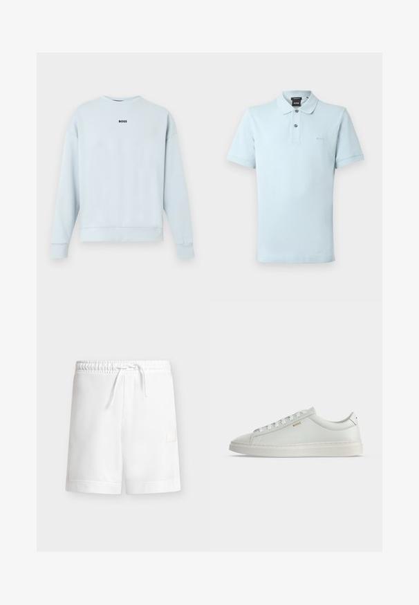 Sweat-shirt bleu clair en tissu doux, avec un col rond, des manches longues, et un logo noir "BOSS" centré sur la poitrine.; Polo bleu clair, manches courtes, col à revers, patte de boutonnage à trois boutons, petit logo brodé sur la poitrine, tissu en coton lisse.; Short blanc décontracté avec taille élastique et cordon, présentant un petit patch rectangulaire sur la zone de la poche latérale, sur un fond uni.; Baskets basses blanches en cuir avec lacets, semelle plate et petit logo doré "BOSS" sur le côté, vues de l'extérieur.