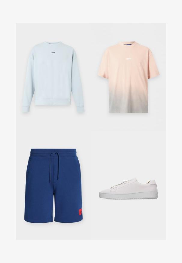Sweat-shirt bleu clair en tissu doux, avec un col rond, des manches longues, et un logo noir "BOSS" centré sur la poitrine.; T-shirt manches courtes col rond avec un dégradé rose à gris et un petit logo blanc "HUGO" centré sur la poitrine.; Shorts décontractés pour homme bleu marine avec taille élastique, cordon de serrage, poches latérales et petit écusson de marque rouge sur la jambe gauche.; Baskets basses en cuir blanc avec lacets blancs, semelle en caoutchouc plate texturée et coutures minimalistes, vues de côté extérieur sur fond blanc.