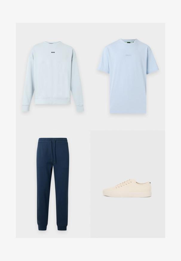 Sweat-shirt bleu clair en tissu doux, avec un col rond, des manches longues, et un logo noir "BOSS" centré sur la poitrine.; T-shirt bleu clair à manches courtes et col rond avec le logo "BOSS" en relief centré sur la poitrine, présenté sur un fond uni.; Pantalon de survêtement bleu marine avec taille élastique, cordon de serrage, poches latérales et poignets côtelés aux chevilles.; Baskets en toile beige avec bout arrondi, semelle en caoutchouc plate et lacets à l'avant. Présente un design minimaliste et un accent noir contrastant au niveau du talon.
