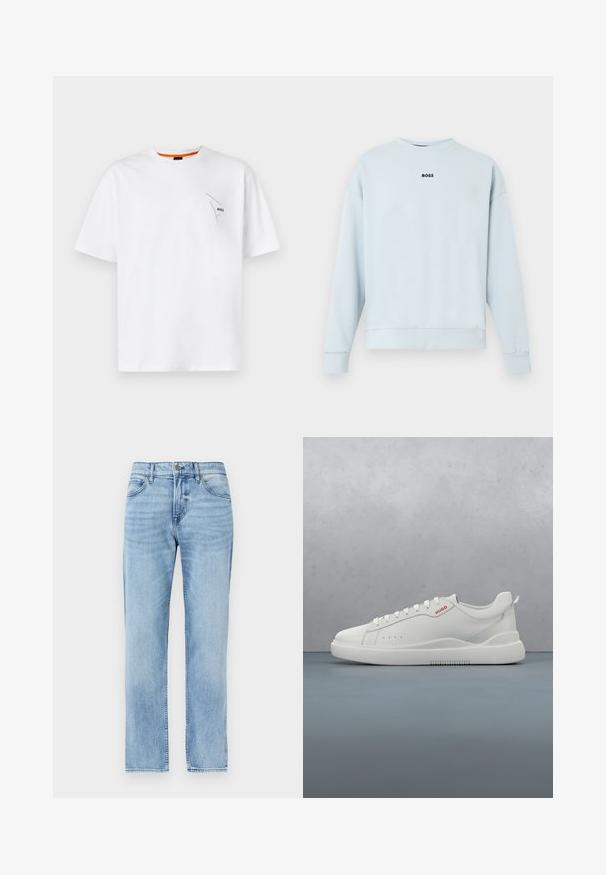 Lichtblauwe sweater van zachte stof, met een ronde hals, lange mouwen en een zwart "BOSS" logo in het midden van de borst.; Witte katoenen T-shirt met korte mouwen, ronde halslijn, met een klein zwart logo op de linkerborst en een oranje accent aan de binnenkant van de kraag.; Lichtblauwe denim jeans met rechte pijpen, voorzakken, riemlussen, knoop- en ritssluiting.; Witte sneaker met een gladde leren afwerking, ronde neus, vier veterogen, subtiele perforaties en een rood logo detail aan de zijkant.