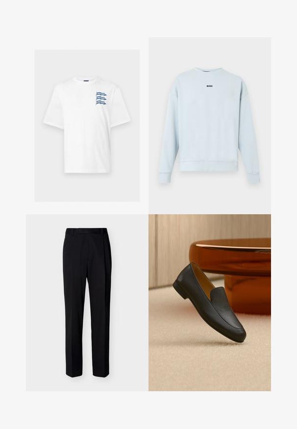 Sweat-shirt bleu clair en tissu doux, avec un col rond, des manches longues, et un logo noir "BOSS" centré sur la poitrine.; T-shirt blanc à manches courtes avec trois petits drapeaux bleus sur la poitrine gauche, chaque drapeau affichant le mot "HUGO" en lettres blanches.; Pantalon noir droit sur mesure avec passants de ceinture et plis avant, présenté sur un fond clair uni.; Mocassin en cuir noir reposant sur un tapis beige avec une table circulaire marron brillante en arrière-plan.