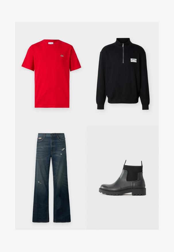Schwarzer Langarm-Pullover mit Viertel-Reißverschluss am Kragen und weißem Patch-Logo mit der Aufschrift "Calvin Klein New York City" auf der Brust.; Rotes Baumwoll-T-Shirt mit kurzen Ärmeln, Rundhalsausschnitt und kleinem grünen Krokodil-Logo auf der linken Brust. Glatte Textur, lässige Passform.; Weite Bein, dunkle Jeans aus Denim mit leichter Ausbleichung und beschädigten Stellen. Verfügt über einen Knopfverschluss und ein klassisches fünf Taschen-Design.; Schwarze Knöchelstiefel aus Gummi mit matter Oberfläche, die ein schlankes Design, elastische Einsätze und eine robuste Sohle für bessere Bodenhaftung bieten.