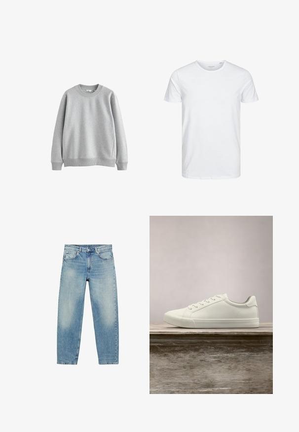 Sweatshirt gris avec un col rond, des poignets et un ourlet côtelés. Fabriqué en tissu doux avec une texture lisse, il présente un design simple.; T-shirt à col rond à manches courtes de couleur blanche unie, fabriqué en coton doux, avec un design simple sans motifs ni accents visibles.; Jean droit en denim bleu avec poches avant et passants de ceinture, présentant des détails légèrement décolorés sur les cuisses et les genoux.; Sneaker en dentelle blanche flottant au-dessus d'un banc en bois avec un feuillage vert en arrière-plan, mettant en valeur le design et la texture de la chaussure.
