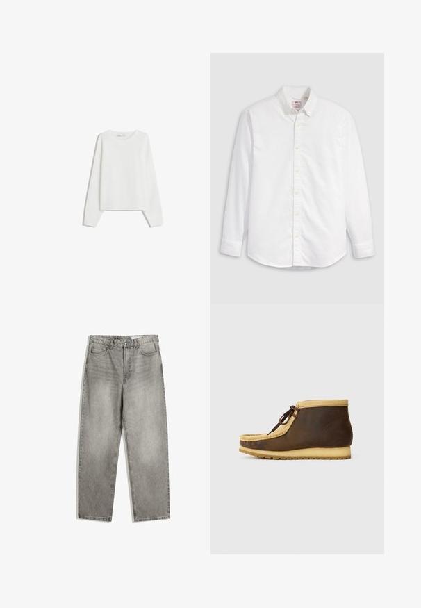 Hvid strikket sweater med lange ærmer, rund halsudskæring, ribbede manchetter og kant. Blød tekstur, løs pasform, ingen synlige mønstre eller accenter.; Hvid skjorte med knapper, lavet af bomuld, med lange ærmer, krave og en buet kant. Har gule knapper og diskret branding.; Grå denimbukser med lige ben, der har forlommer, en knaplukning og en subtil falmet tekstur.; Brune læderankelstøvler med en tan ruskindskrave, rund tå og brune snørebånd. Har en struktureret gummisål for godt greb.