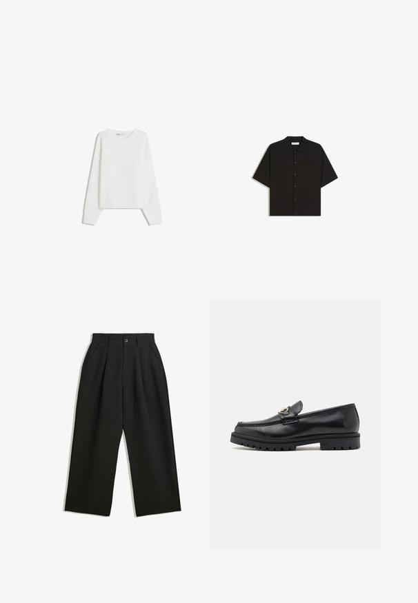 Hvid strikket sweater med lange ærmer, rund halsudskæring, ribbede manchetter og kant. Blød tekstur, løs pasform, ingen synlige mønstre eller accenter.; Sort kortærmet skjorte med knapper, krave og brystlomme, lagt fladt på en hvid baggrund.; Sorte bukser med en afslappet pasform, der har plisseringer foran, sidelommer og knaplukning. Fremstillet af tekstureret stof.; Sorte læder loafers med en glat finish, rund tå, en dekorativ rem med guldhardware og en robust sort sål.
