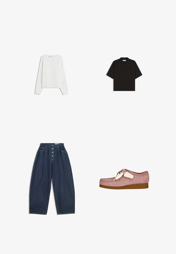 Hvid strikket sweater med lange ærmer, rund halsudskæring, ribbede manchetter og kant. Blød tekstur, løs pasform, ingen synlige mønstre eller accenter.; Sort kortærmet skjorte med knapper, krave og brystlomme, lagt fladt på en hvid baggrund.; Mørkeblå denim bukser med brede ben og høj talje, fem knaplukninger og fem lommer. Har stikninger som accent på sømmene.; Lyserød ruskindsko med rund tå, snøre-design og en cremefarvet accentmærke. Har en tan gummisål for ekstra greb.