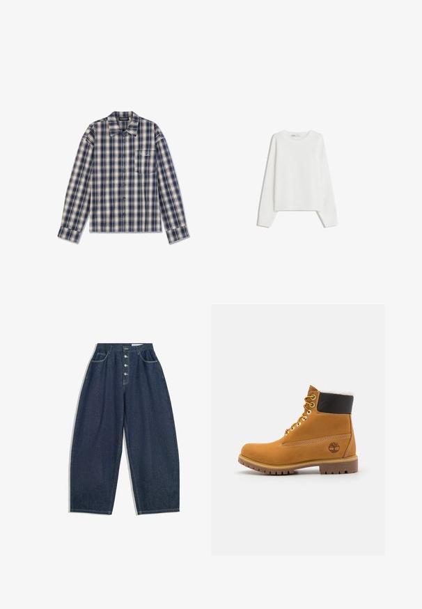 Hvid strikket sweater med lange ærmer, rund halsudskæring, ribbede manchetter og kant. Blød tekstur, løs pasform, ingen synlige mønstre eller accenter.; Langærmet ternet skjorte i marineblå og crème med knaplukning foran, krave og en lille brystlomme med hvid tekst.; Mørkeblå denim bukser med brede ben og høj talje, fem knaplukninger og fem lommer. Har stikninger som accent på sømmene.; Brune læder ankelstøvle med metaløjer, hvid pelsforing, sort polstret krave, robust sål og præget logo på siden.