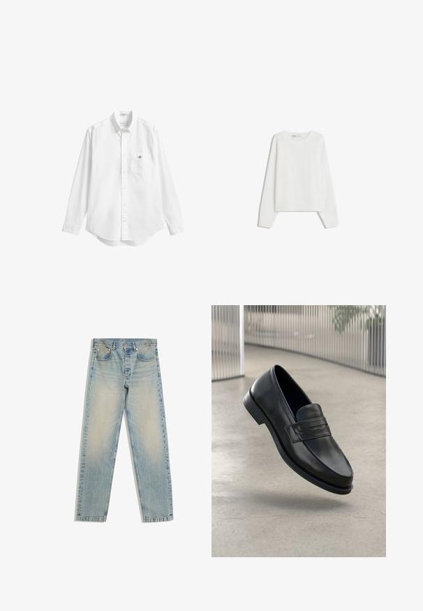 Pull en tricot blanc avec des manches longues, un col rond, des poignets et un ourlet côtelés. Texture douce, coupe ample, sans motifs ni accents visibles.; Chemise blanche boutonnée, manches longues, tissu en coton doux, ourlet arrondi, poche poitrine unique, petit logo sur la poche, col classique.; Jean en denim bleu clair délavé avec cinq poches et coupe droite, posé à plat sur un fond blanc.; Mocassin en cuir noir à texture lisse, bout pointu et bande décorative sur le cou-de-pied. Semelle légère, design minimaliste.