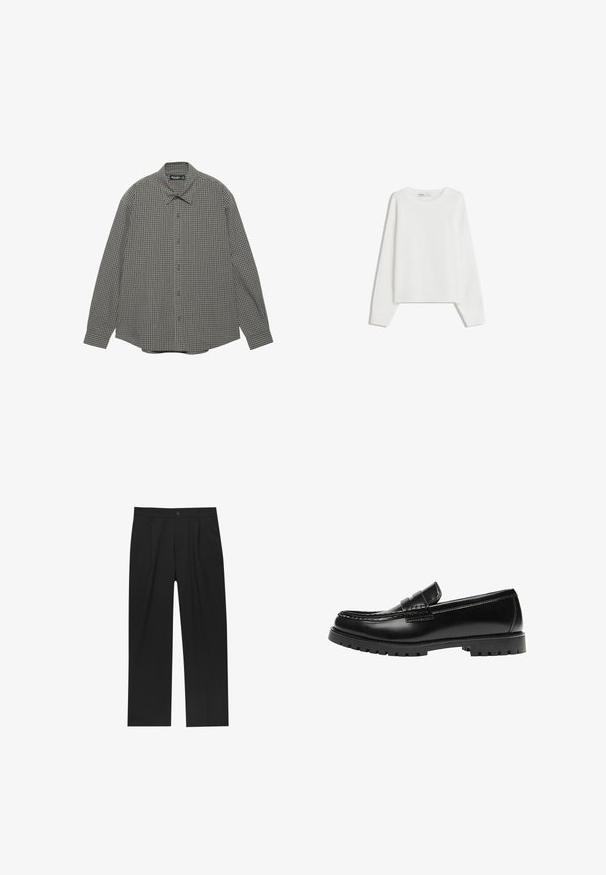 Pull en tricot blanc avec des manches longues, un col rond, des poignets et un ourlet côtelés. Texture douce, coupe ample, sans motifs ni accents visibles.; Chemise boutonnée à manches longues avec un col classique et un petit motif à carreaux dans des nuances de gris et de marron.; Pantalons noirs au design droit, fabriqués à partir d'un tissu lisse. Dotés de plis sur le devant et d'une fermeture à un bouton à la taille.; Mocassin en cuir noir avec une semelle en caoutchouc épaisse et un détail classique de bride à monnaie, vu de côté extérieur.
