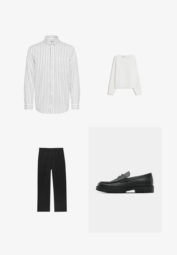 Pull en tricot blanc avec des manches longues, un col rond, des poignets et un ourlet côtelés. Texture douce, coupe ample, sans motifs ni accents visibles.; Chemise blanche à manches longues avec des rayures verticales noires, col à bouton, poche poitrine unique et poignets rayés contrastants.; Pantalons noirs au design droit, fabriqués à partir d'un tissu lisse. Dotés de plis sur le devant et d'une fermeture à un bouton à la taille.; Mocassins en cuir noir à bout arrondi, avec un design cousu, une semelle plateforme basse et une semelle en caoutchouc texturée et crantée.