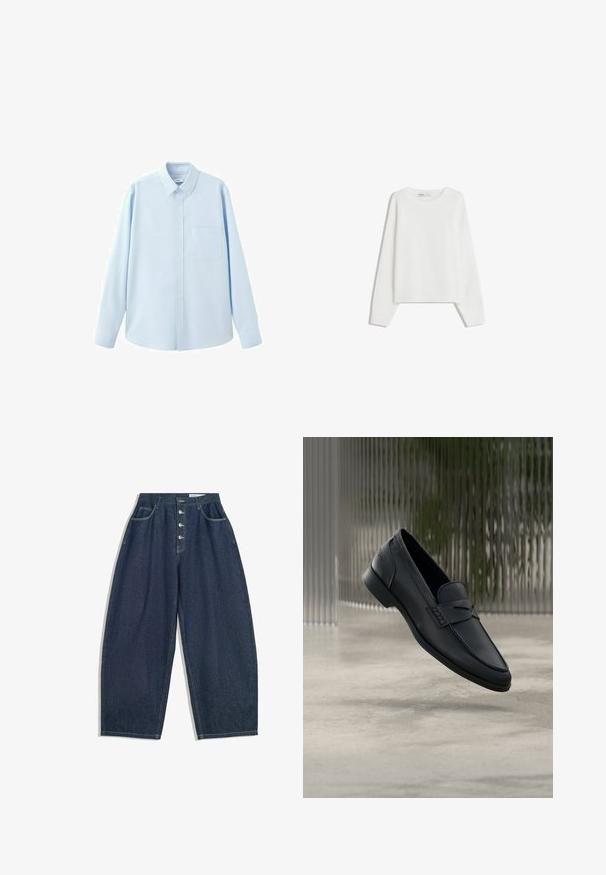 Pull en tricot blanc avec des manches longues, un col rond, des poignets et un ourlet côtelés. Texture douce, coupe ample, sans motifs ni accents visibles.; Chemise bleu clair à manches longues avec boutons, col pointu et poche poitrine, présentée sur fond blanc.; Pantalons en denim bleu foncé à jambes larges avec une taille haute, fermeture à cinq boutons et cinq poches. Présente des accents de couture sur les coutures.; Mocassin en cuir noir à finition lisse, bout pointu et détails cousus sur le dessus. Talon bas et design minimaliste.