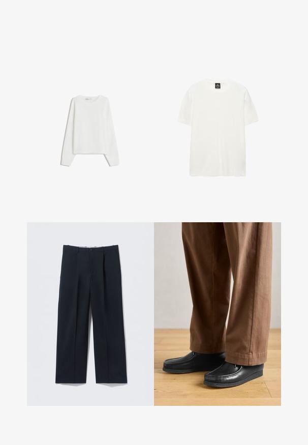 Pull en tricot blanc avec des manches longues, un col rond, des poignets et un ourlet côtelés. Texture douce, coupe ample, sans motifs ni accents visibles.; T-shirt blanc uni en coton à manches courtes avec col rond et étiquette de marque noire à l'intérieur du col.; Pantalon bleu marine foncé en tissu lisse, avec une coupe ajustée, deux poches avant et une fermeture par bouton.; Chaussures en cuir noir au design mocassin avec des détails de couture, accompagnées de pantalons bruns, sur un sol en bois.