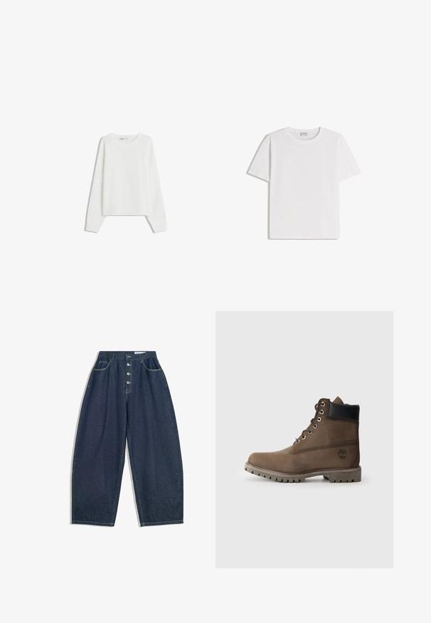 Hvid strikket sweater med lange ærmer, rund halsudskæring, ribbede manchetter og kant. Blød tekstur, løs pasform, ingen synlige mønstre eller accenter.; Hvid bomuld T-shirt med rund halsudskæring og korte ærmer. Har en klassisk, firkantet form uden synlige mønstre eller detaljer.; Mørkeblå denim bukser med brede ben og høj talje, fem knaplukninger og fem lommer. Har stikninger som accent på sømmene.; Brune læder ankelstøvle med sort krave, metaløjer og slidstærk grå sål. Har logo på siden og syet detaljer.